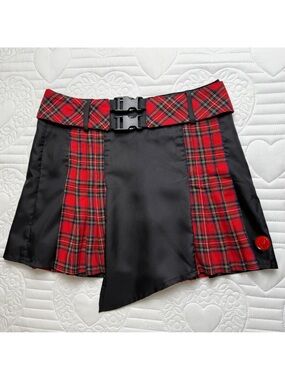 Cyberdog Plaid Black Red Asymmetrical Belt Rave Goth Mini Skirt Kilt Medium